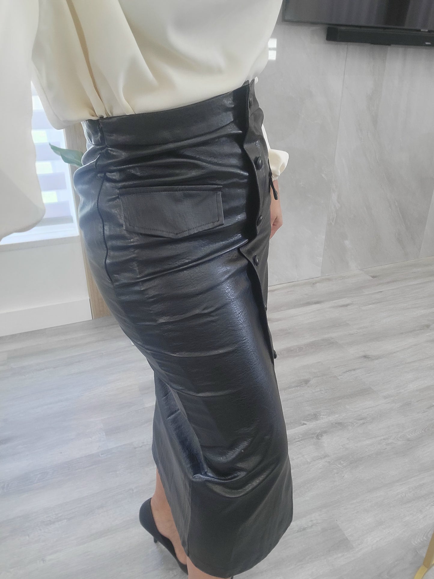 Button Down Leather Skirt