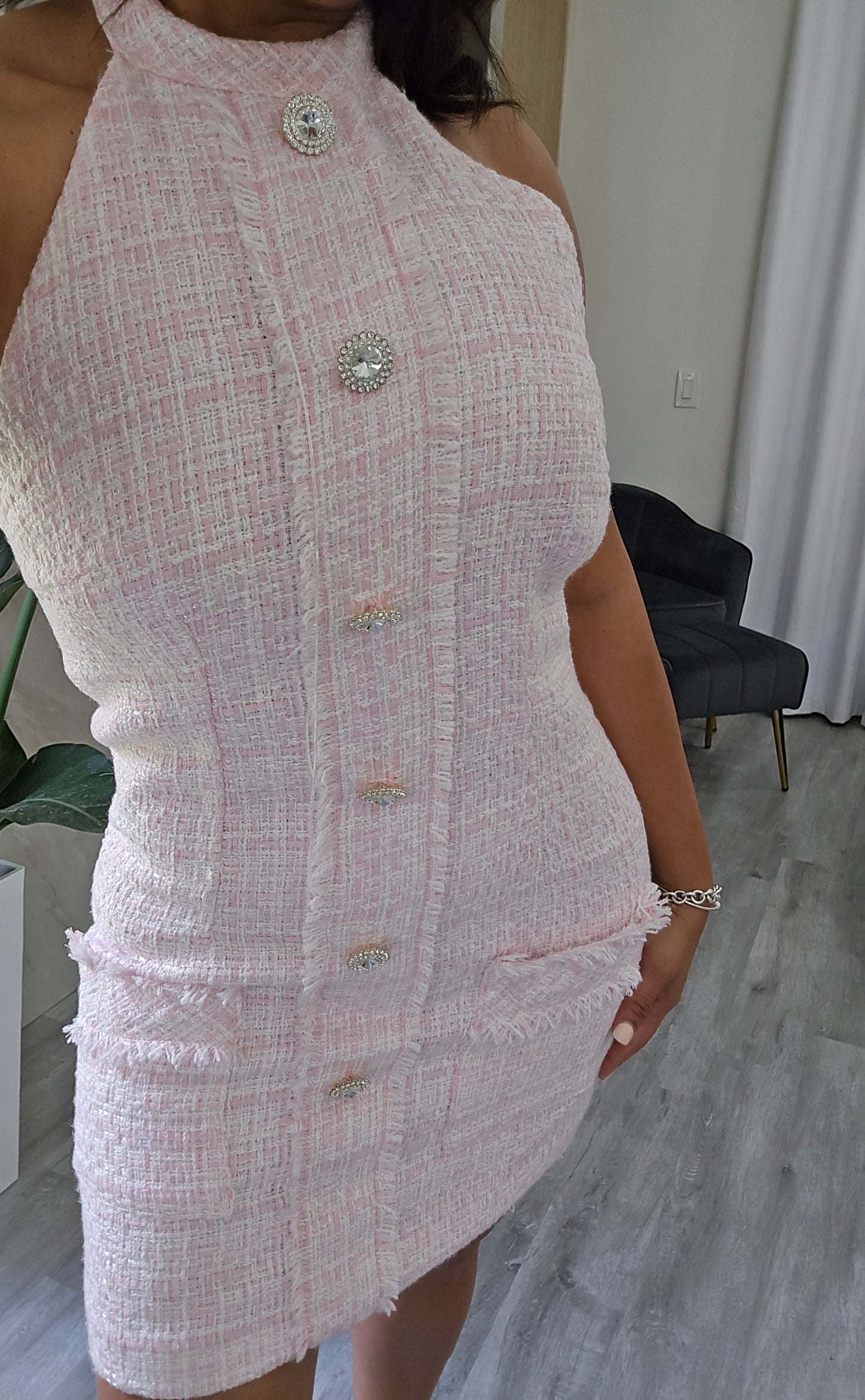 Pink Halter Tweed Dress